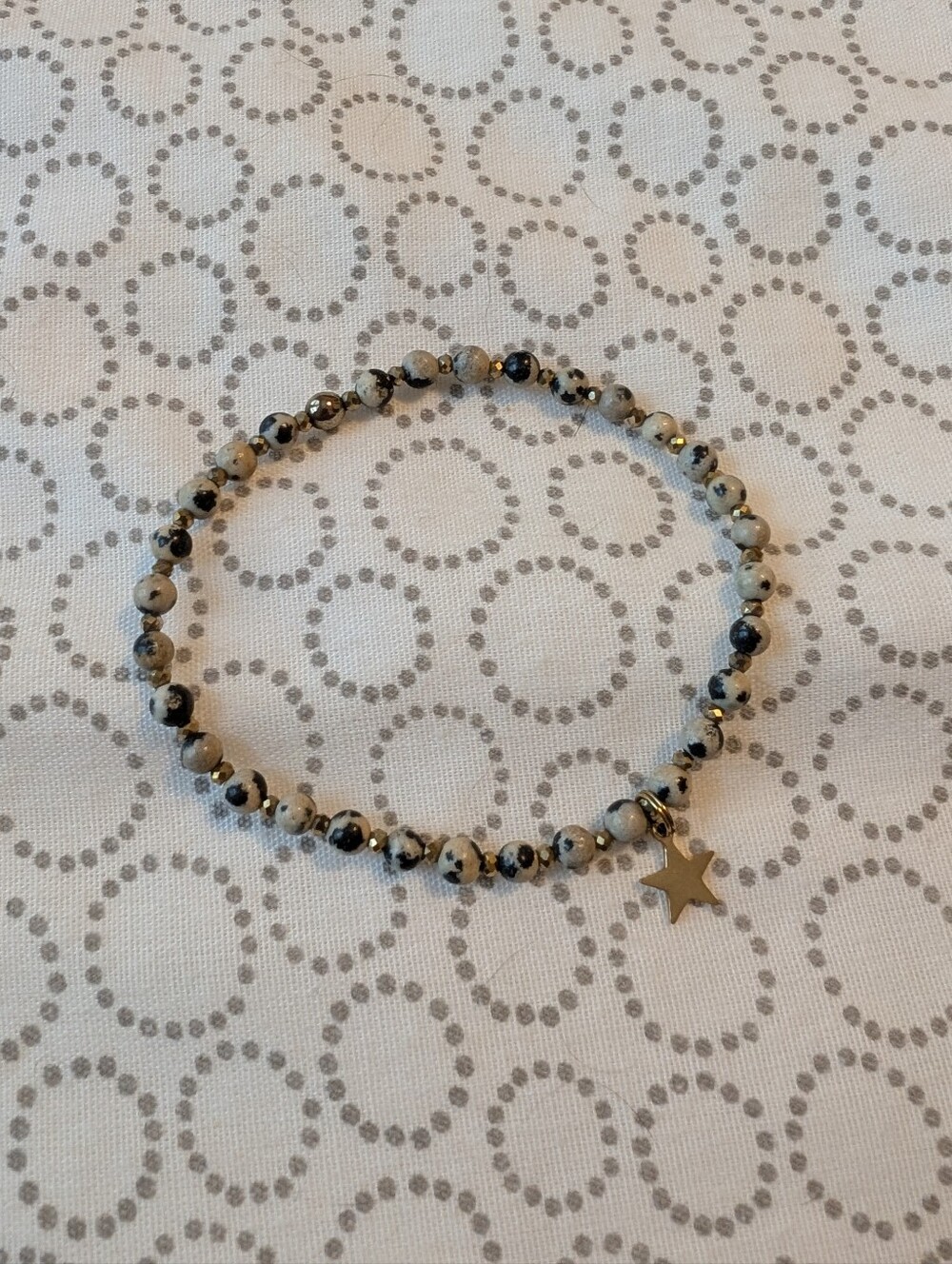 Dalmation Jasper Beaded Stretch Bracelet with Gold Star Charm